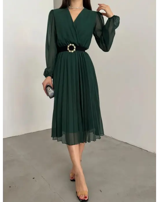 Kadın şifon Kumaş Astalı Kloş Kesim Kruvaze Yaka Midi Boy Elbise