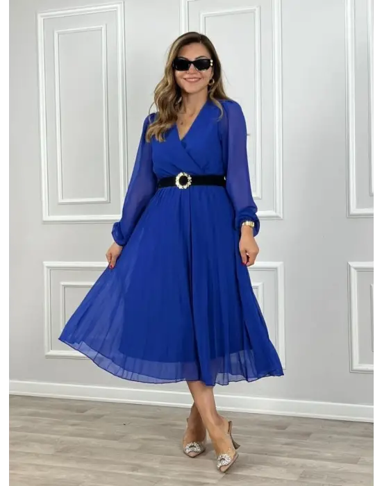 Kadın şifon Kumaş Astalı Kloş Kesim Kruvaze Yaka Midi Boy Elbise