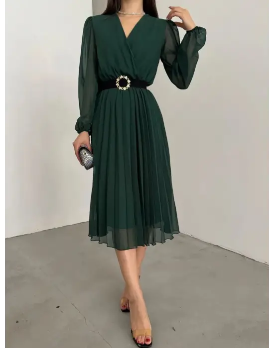 Omarı Şifon Kruvaze Yaka Midi Elbise