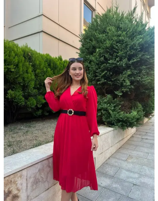 Kadın şifon Kumaş Astalı Kloş Kesim Kruvaze Yaka Midi Boy Elbise