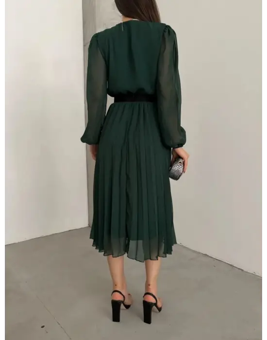 Omarı Şifon Kruvaze Yaka Midi Elbise