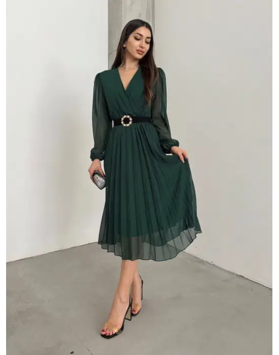 Kadın şifon Kumaş Astalı Kloş Kesim Kruvaze Yaka Midi Boy Elbise