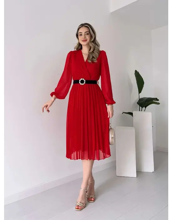 Kadın şifon Kumaş Astalı Kloş Kesim Kruvaze Yaka Midi Boy Elbise