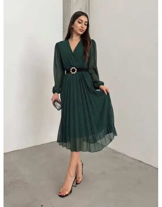 Omarı Şifon Kruvaze Yaka Midi Elbise