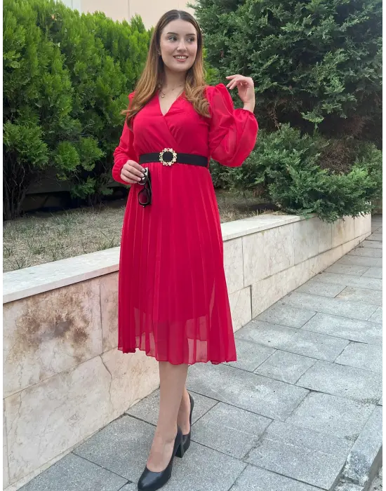 Kadın şifon Kumaş Astalı Kloş Kesim Kruvaze Yaka Midi Boy Elbise