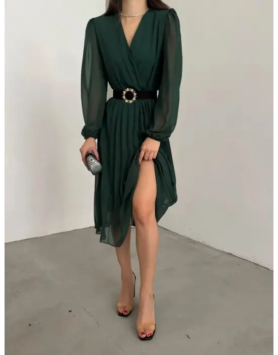 Kadın şifon Kumaş Astalı Kloş Kesim Kruvaze Yaka Midi Boy Elbise