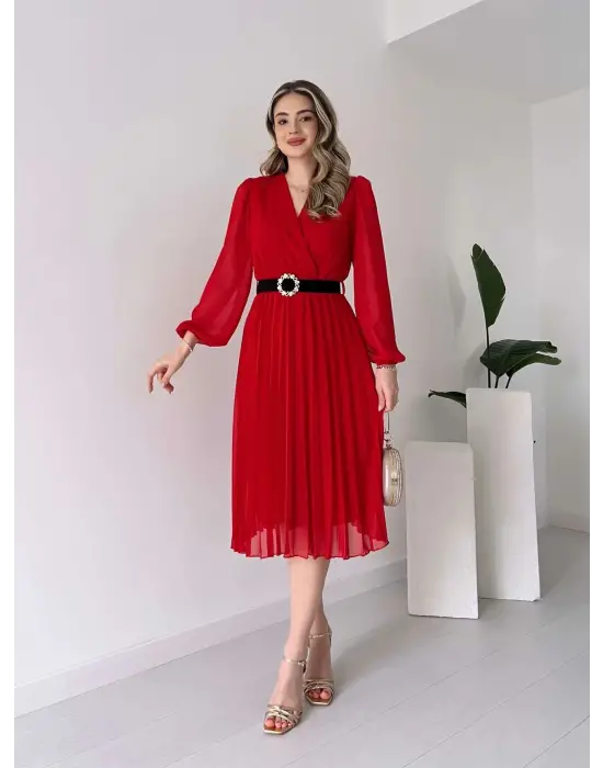 Omarı Şifon Kruvaze Yaka Midi Elbise