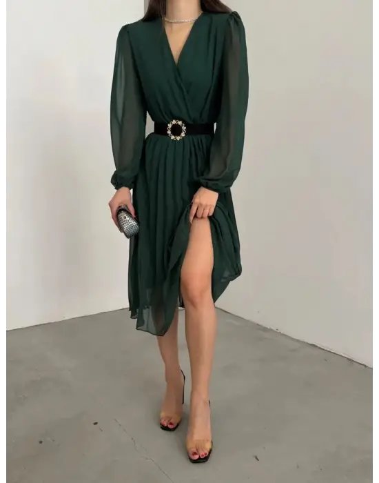 Omarı Şifon Kruvaze Yaka Midi Elbise