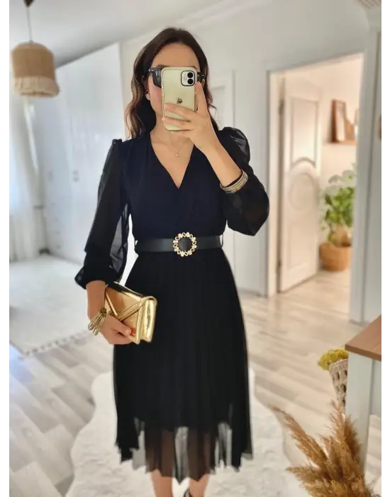 Kadın Kruvaze Yaka Midi Boy Kloş Elbise