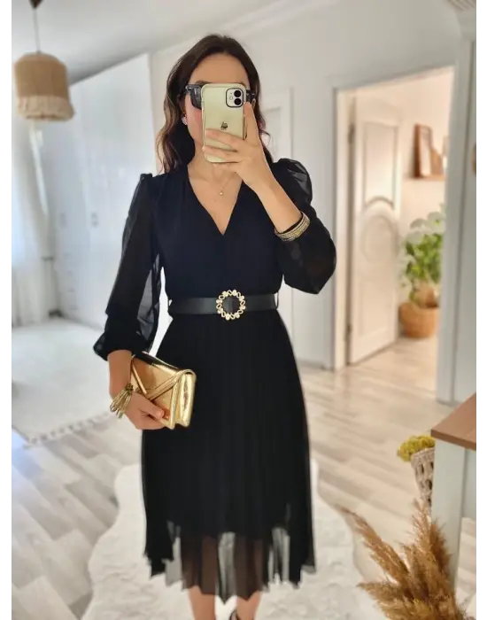 Omarı Şifon Kumaş Kloş Kesim Elbise - Midi Boy Kruvaze Yaka