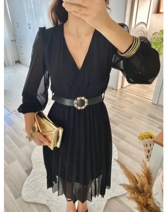 Omarı Şifon Kumaş Kloş Kesim Elbise - Midi Boy Kruvaze Yaka