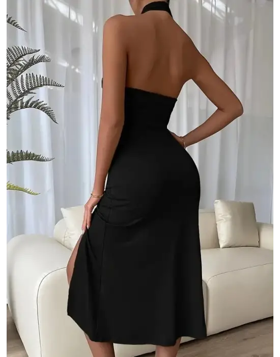 Omarı Sırt Dekolteli Çapraz Yakalı Midi Elbise