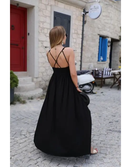 Kadın Sırttan çapraz Bağcıklı Yırtmaçlı Cepli Viskon Elbise