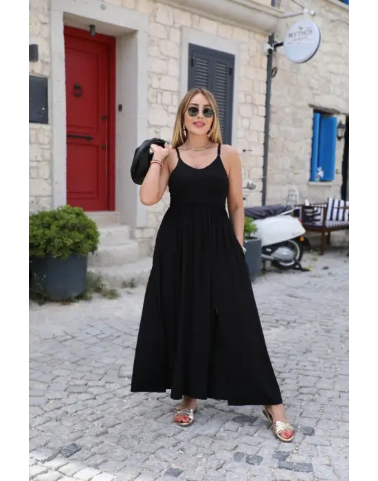 Kadın Sırttan çapraz Bağcıklı Yırtmaçlı Cepli Viskon Elbise