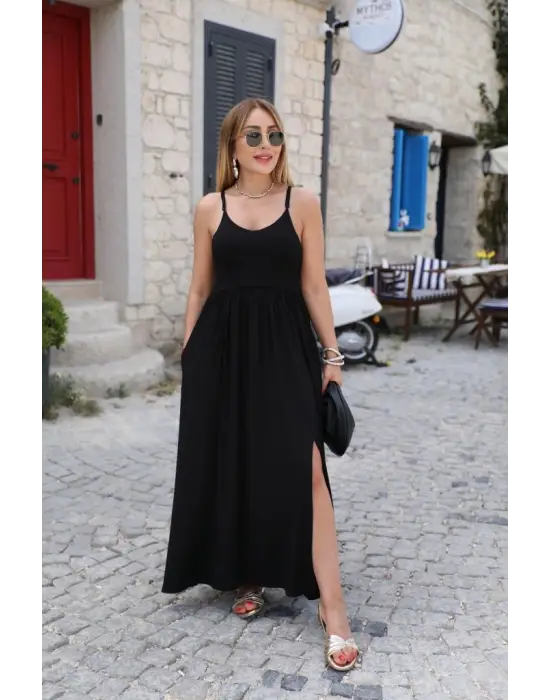 Kadın Sırttan çapraz Bağcıklı Yırtmaçlı Cepli Viskon Elbise