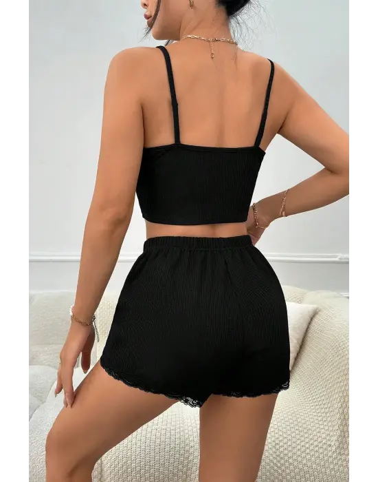 Omarı Dantel Detaylı Şortlu Gecelik Takımı