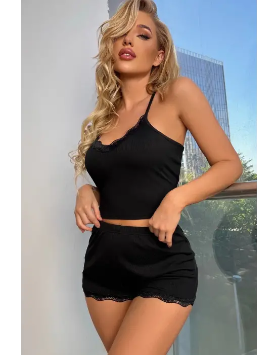 Omarı Dantel Detaylı Siyah Kadın Gecelik Takımı