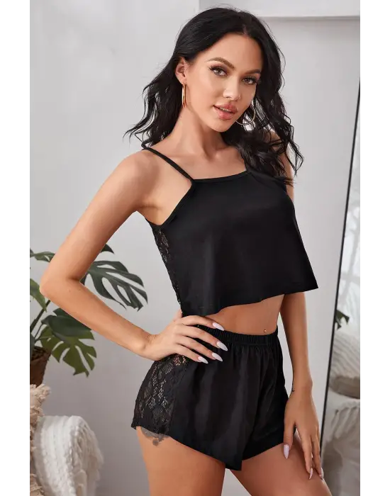 Omarı Siyah Dantel Detaylı Kadın Gecelik Şort Takımı