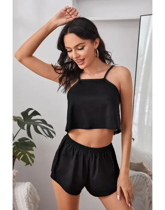 Omarı Siyah Dantel Detaylı Kadın Gecelik Şort Takımı