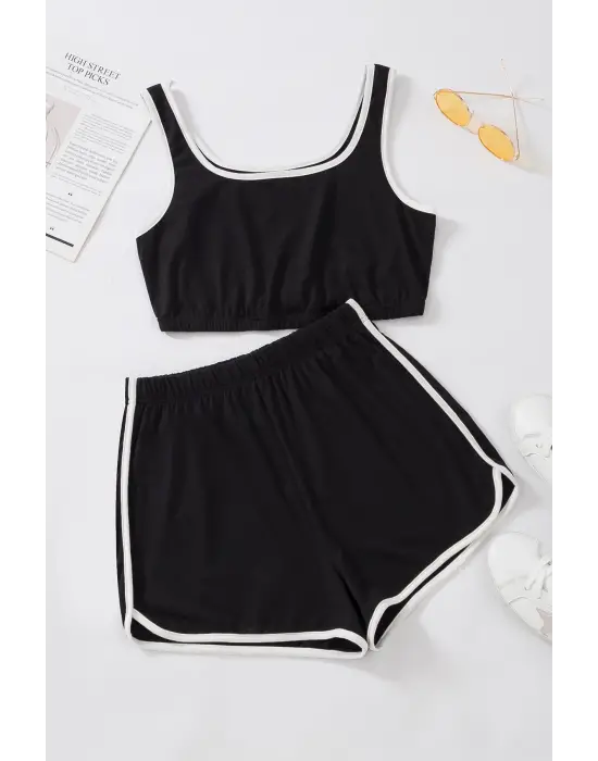 Omarı Siyah Askılı Crop Top ve Şortlu Gecelik Takım