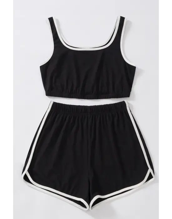 Omarı Siyah Askılı Crop Top ve Şortlu Gecelik Takım