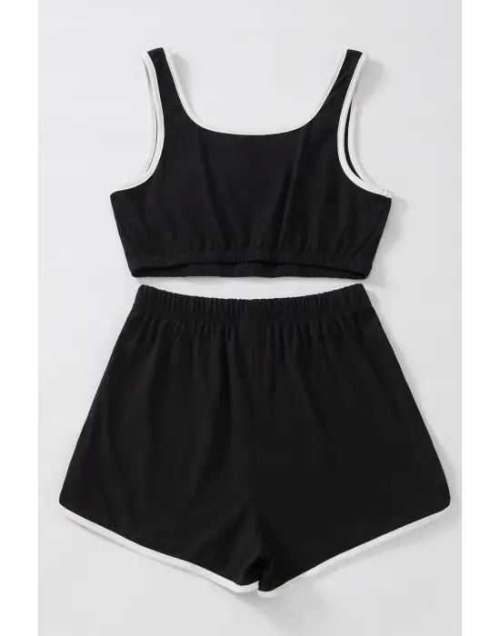 Omarı Siyah Askılı Crop Top ve Şortlu Gecelik Takım