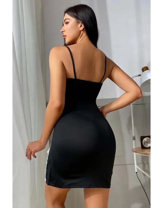 Omarı Siyah Bacak Yırtmaçlı Dantelli Fiyonklu Gecelik