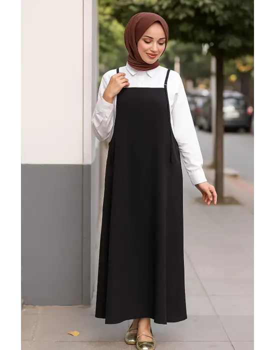 Kadın Siyah Basic Ayarlanabilir Askılı Jile Elbise