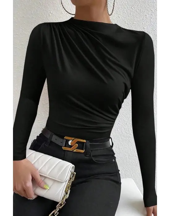 Kadın Siyah Belden ve Boyundan Büzgü Detaylı Uzun Kollu Bluz