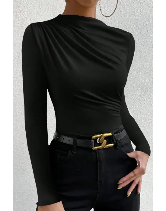 Kadın Siyah Belden ve Boyundan Büzgü Detaylı Uzun Kollu Bluz