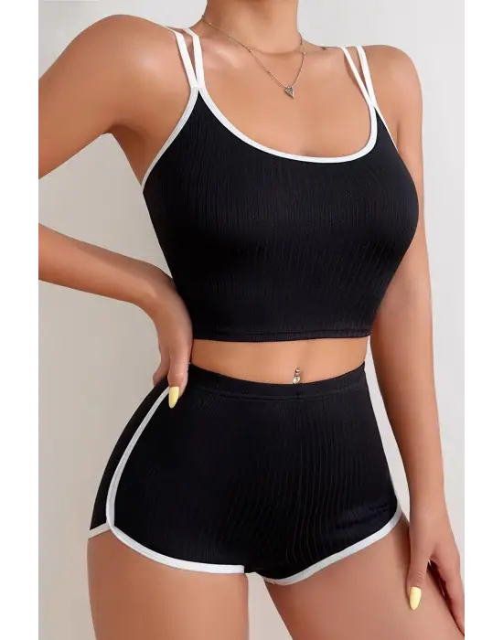 Omarı Çapraz Lastik Detaylı Kadın Siyah Beyaz Gecelik Takımı