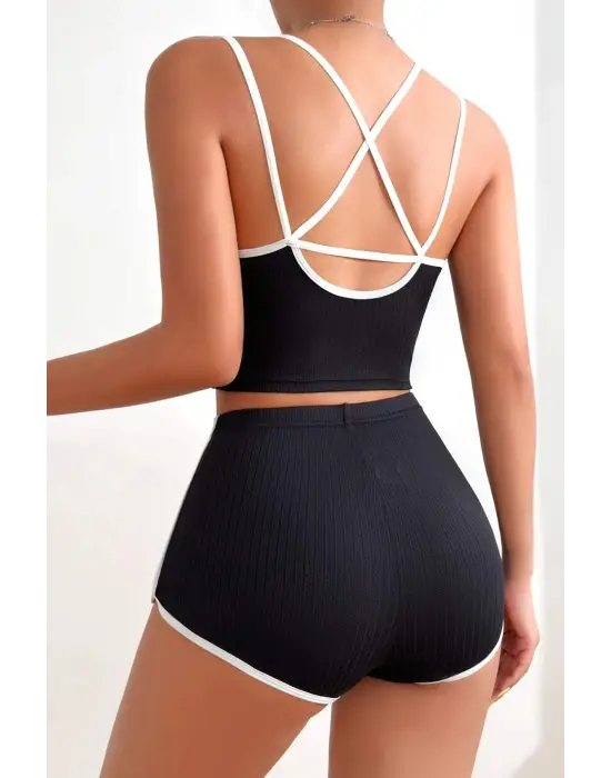 Omarı Çapraz Lastik Detaylı Kadın Siyah Beyaz Gecelik Takımı