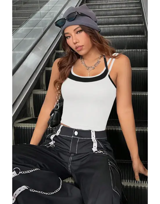 Omarı Çift Renk Çapraz Askılı Crop Top Bluz