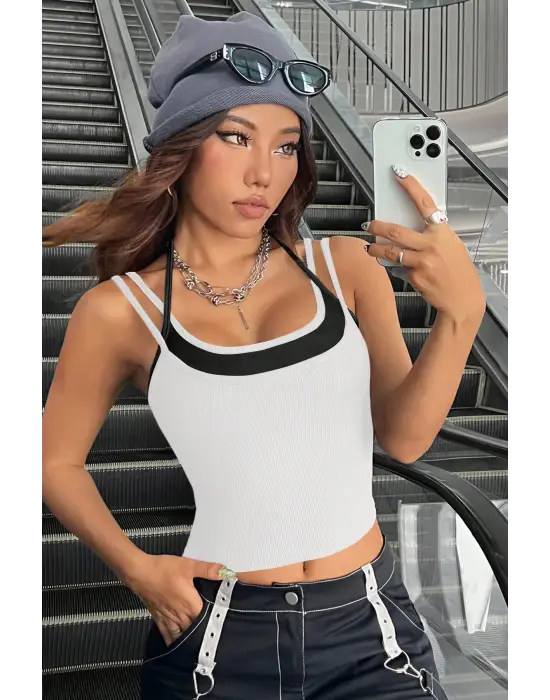 Omarı Çift Renk Çapraz Askılı Crop Top Bluz
