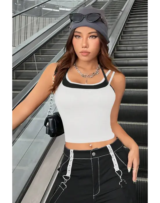 Omarı Çift Renk Çapraz Askılı Crop Top Bluz