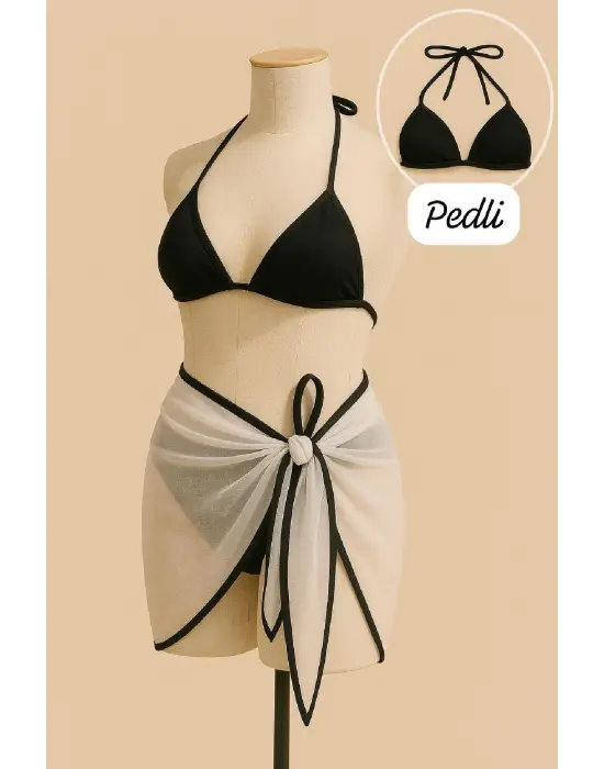 Omarı Şık Bağlamalı Siyah Beyaz Bikini Seti