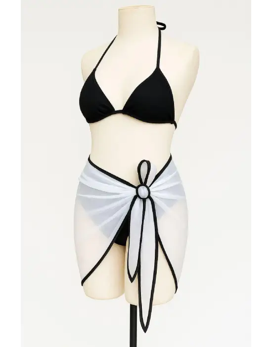 Omarı Şık Bağlamalı Siyah Beyaz Bikini Seti