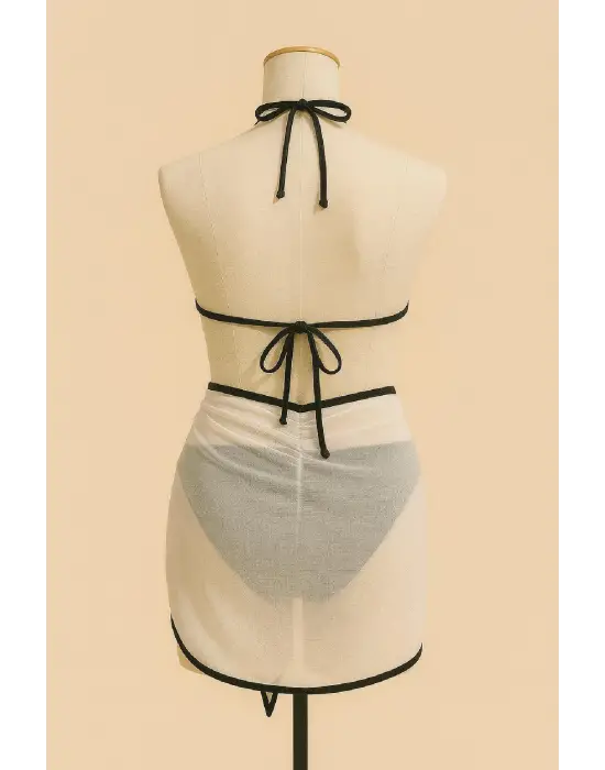 Omarı Şık Bağlamalı Siyah Beyaz Bikini Seti