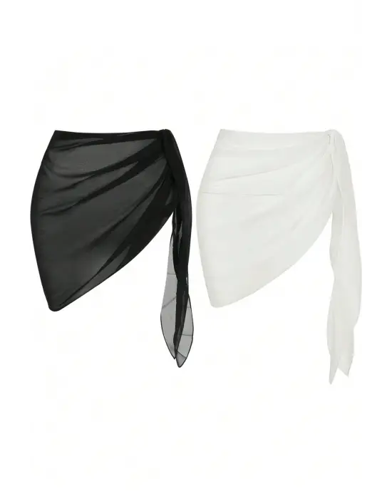 Omarı Siyah Beyaz Transparan Belden Bağlamalı Pareo Seti