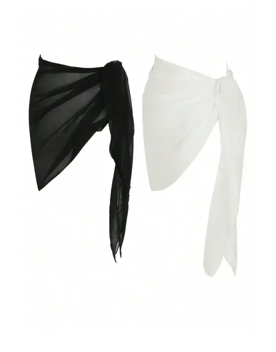 Omarı Siyah Beyaz Transparan Belden Bağlamalı Pareo Seti