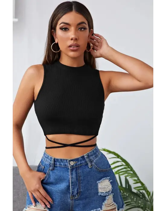 Omarı Siyah Çapraz Bağlamalı Crop Top