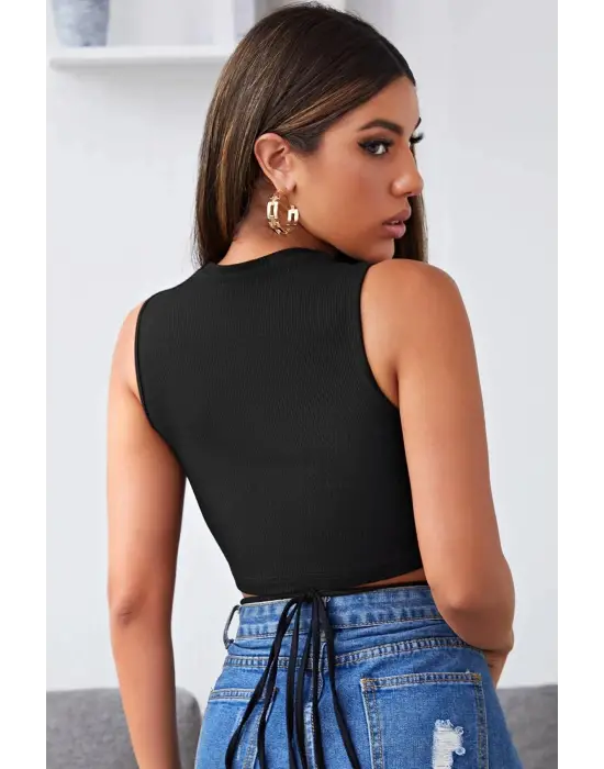 Omarı Siyah Çapraz Bağlamalı Crop Top