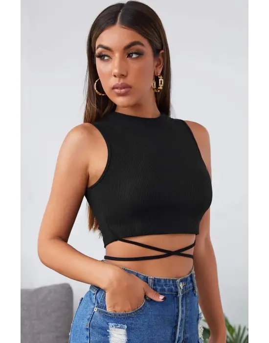 Omarı Siyah Çapraz Bağlamalı Crop Top