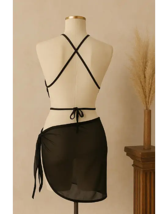 Omarı Şık Siyah Çapraz Bağlamalı Kadın Crop ve Pareo Seti