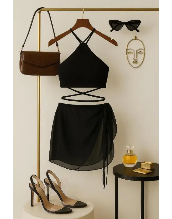 Omarı Şık Siyah Çapraz Bağlamalı Kadın Crop ve Pareo Seti