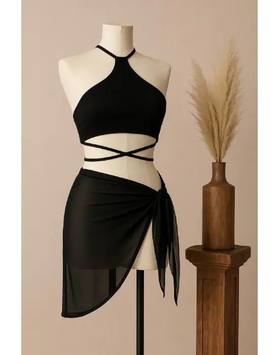 Omarı Şık Siyah Çapraz Bağlamalı Kadın Crop ve Pareo Seti