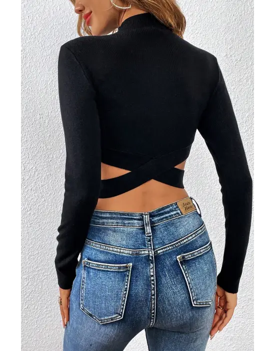 Omarı Siyah Çapraz Bel Detaylı Dik Yaka Crop Top Bluz
