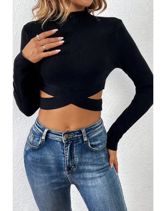 Omarı Siyah Çapraz Bel Detaylı Dik Yaka Crop Top Bluz
