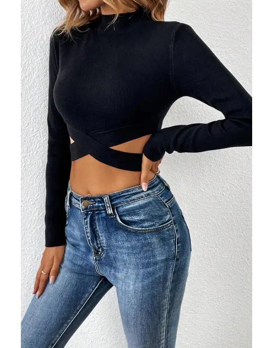 Omarı Siyah Çapraz Bel Detaylı Dik Yaka Crop Top Bluz