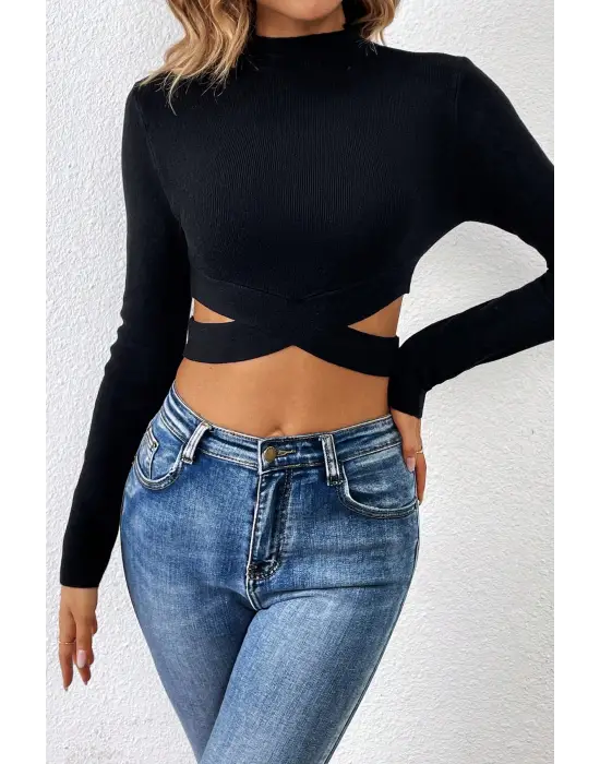 Omarı Siyah Çapraz Bel Detaylı Dik Yaka Crop Top Bluz